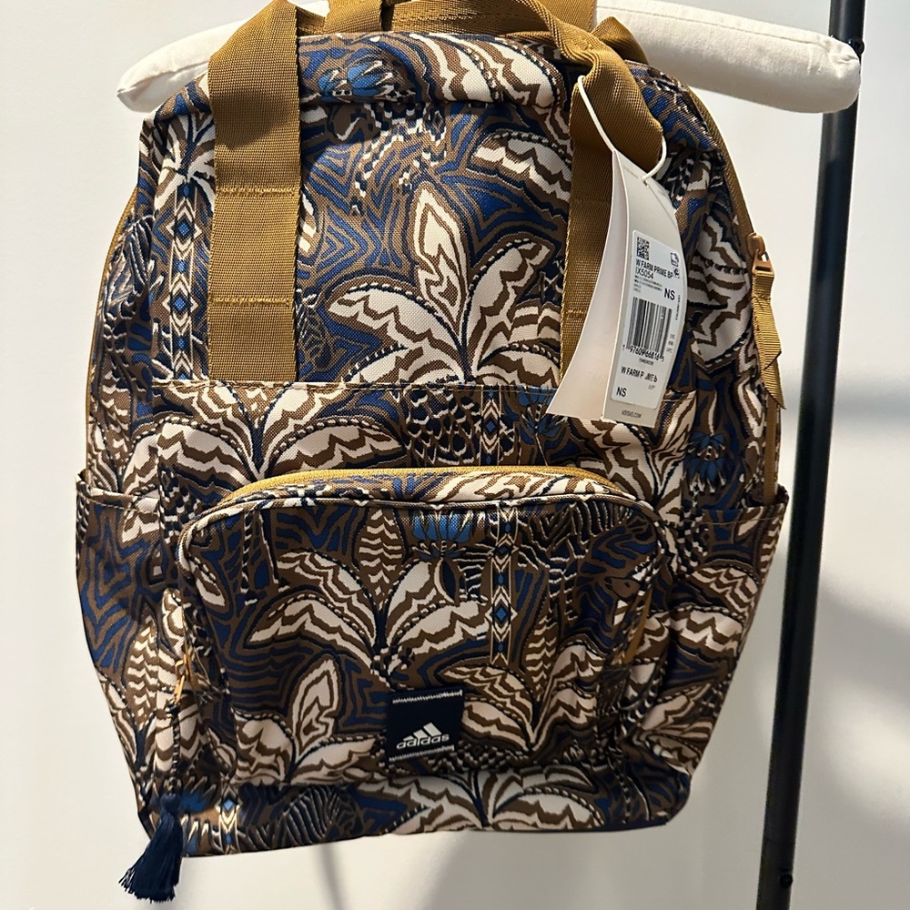 Adidas x Farm Rio Stylish Backpack with Blue and Tan Pattern